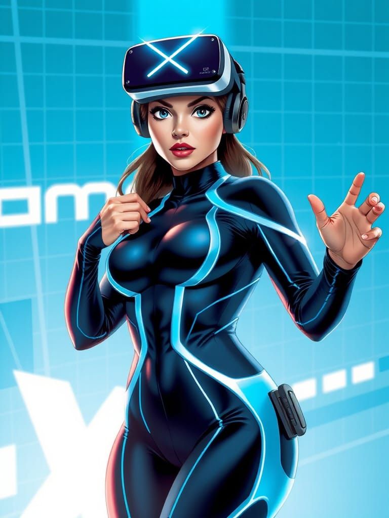 Futuristic Woman in VR Headset, Comic Book Style