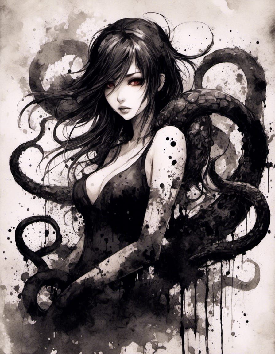 Anime Girl with Tentacles in Ink Splatter Style
