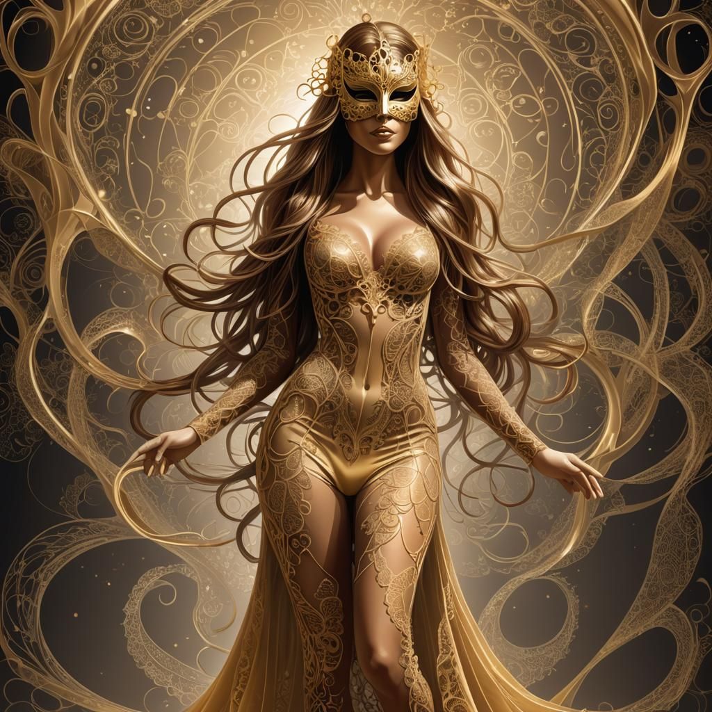 Glamorous Singer in Gold Mask Ready to Sing