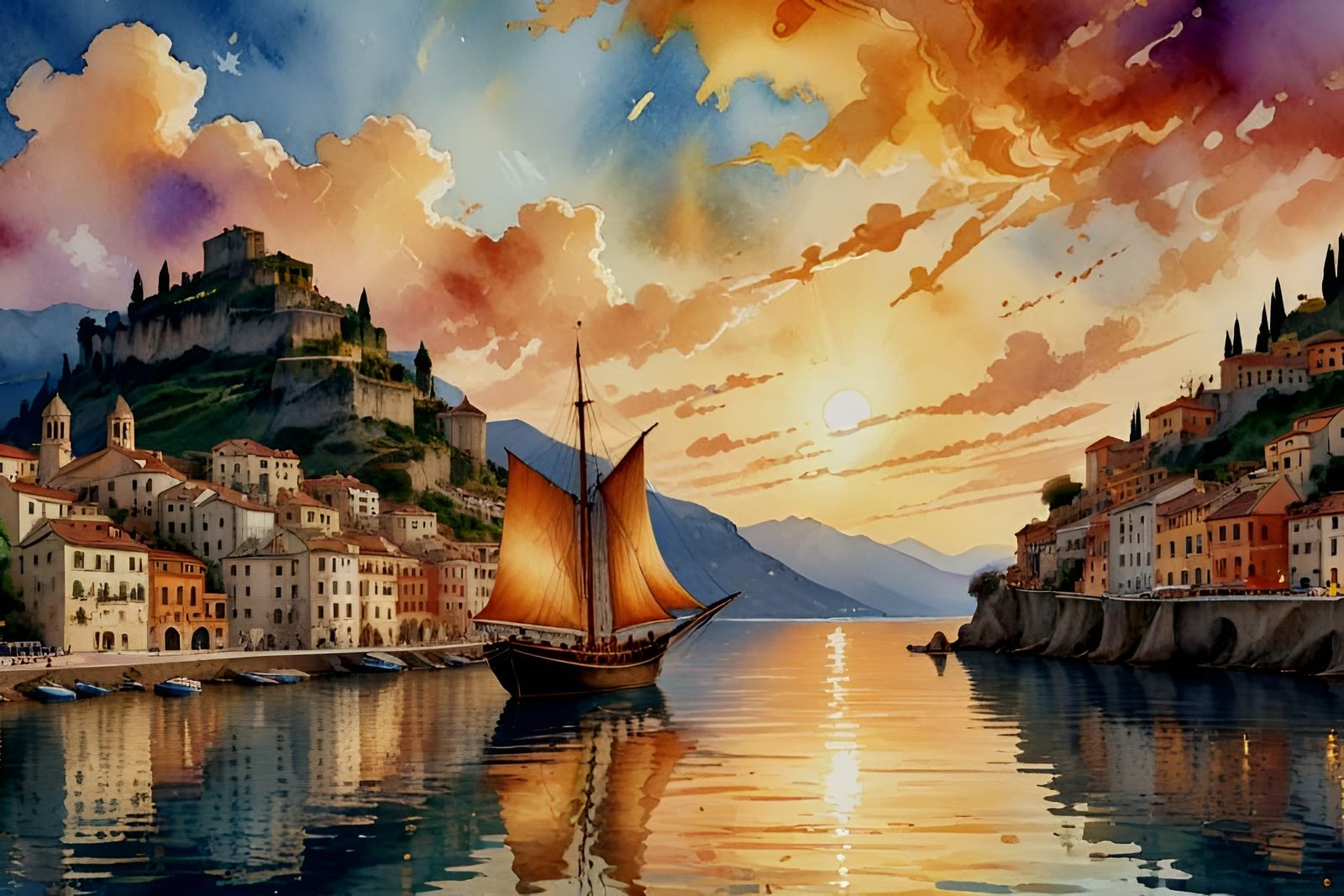 Amalfi Coast Watercolor Landscape with Golden Hour Light