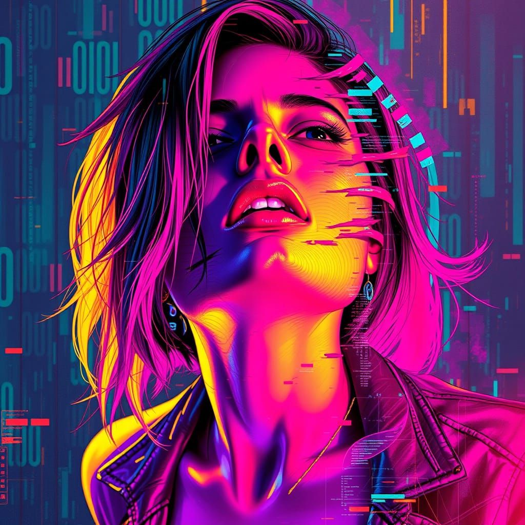 Neon Glitch: Fractured Woman in a Digital World