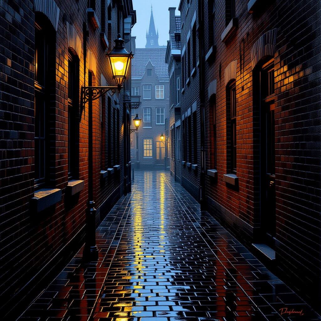 Amber Light on Wet Cobblestones: Dutch Masters Style