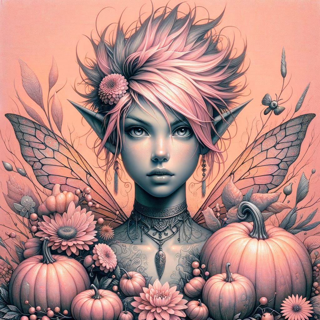 Punk Pixie Fairy in Pink Fall Landscape
