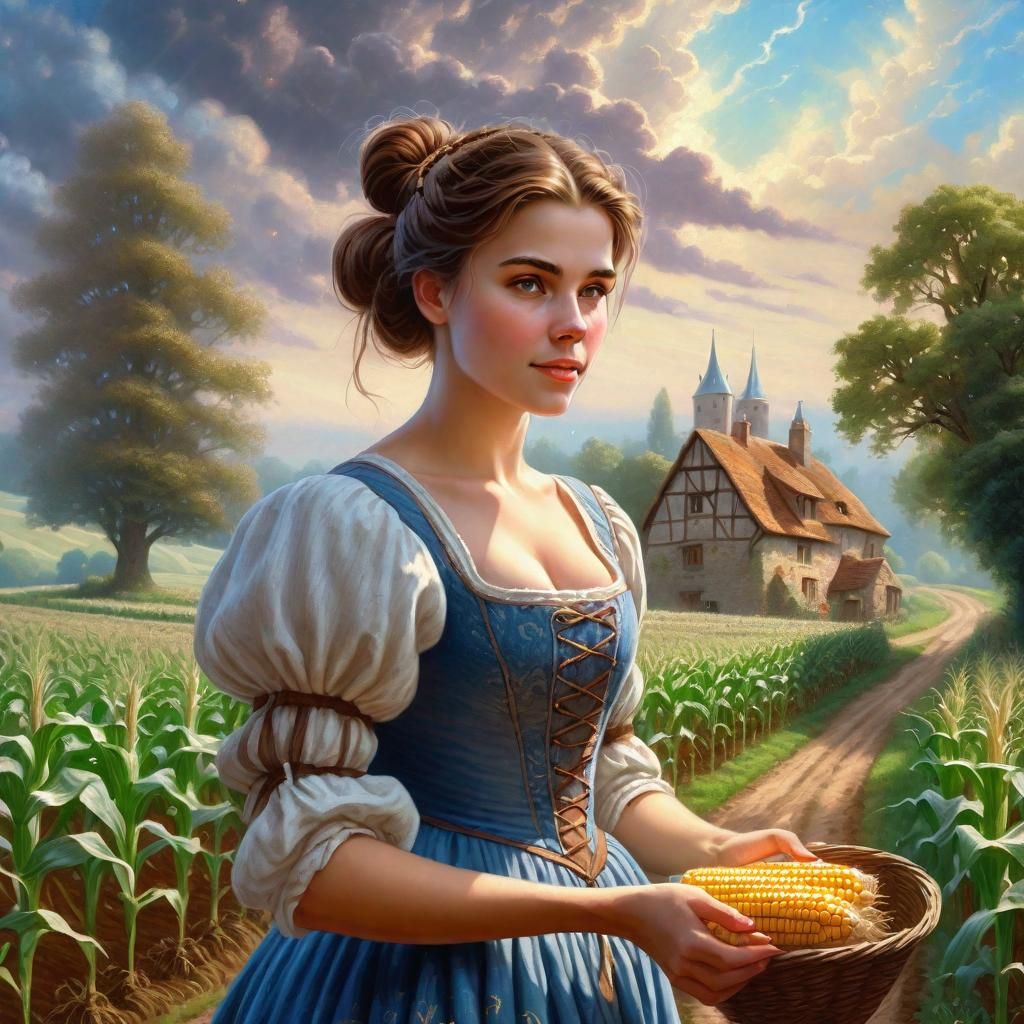 Young Women in a peasant dress by an old farm in a medieval fantasy world