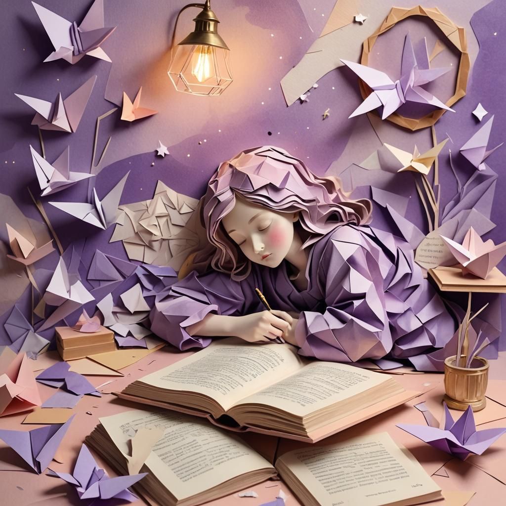 Dreamy Girl Asleep on Book in Mixed Media Art
