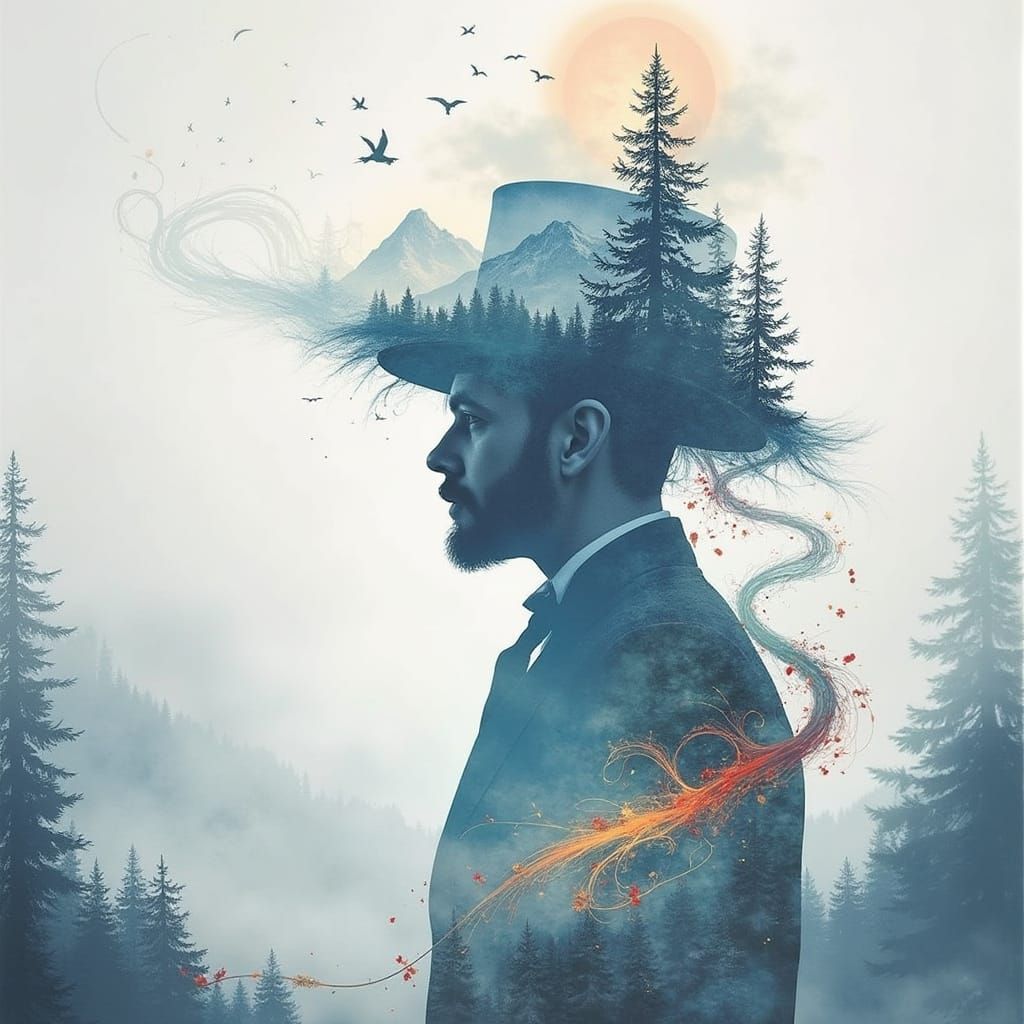 Surreal Double Exposure: Man's Silhouette with Steampunk Hat...