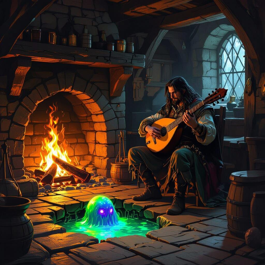 Medieval Tavern Bard Encounters Mysterious Slime Creature