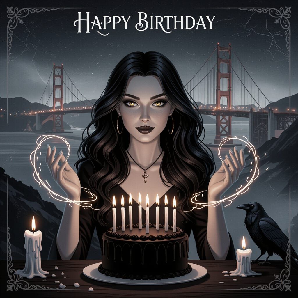 Witch's Birthday Cake Lit by Magic in Noir Comic Style