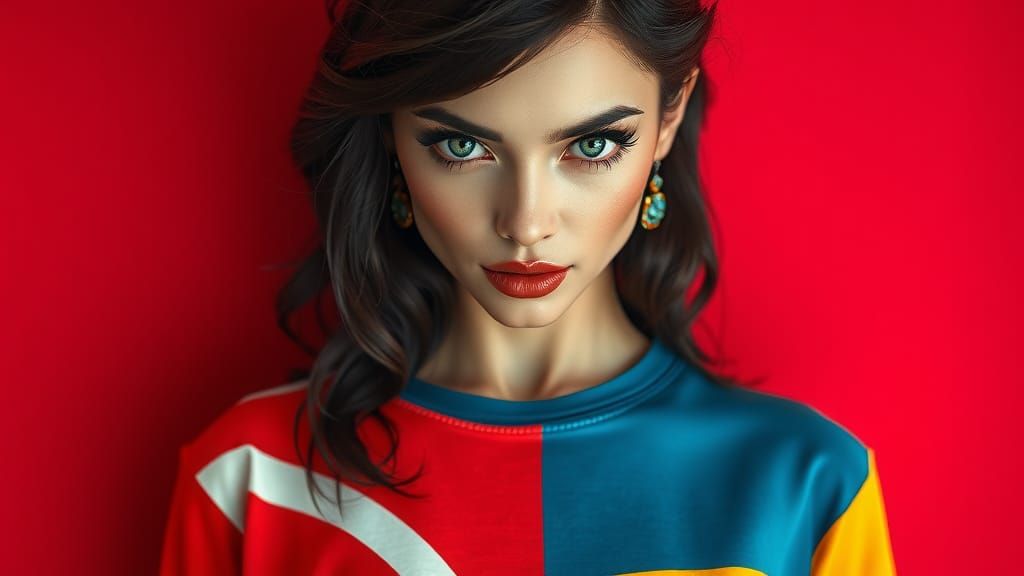 Serene Woman in Bauhaus-Inspired Geometric Fashion