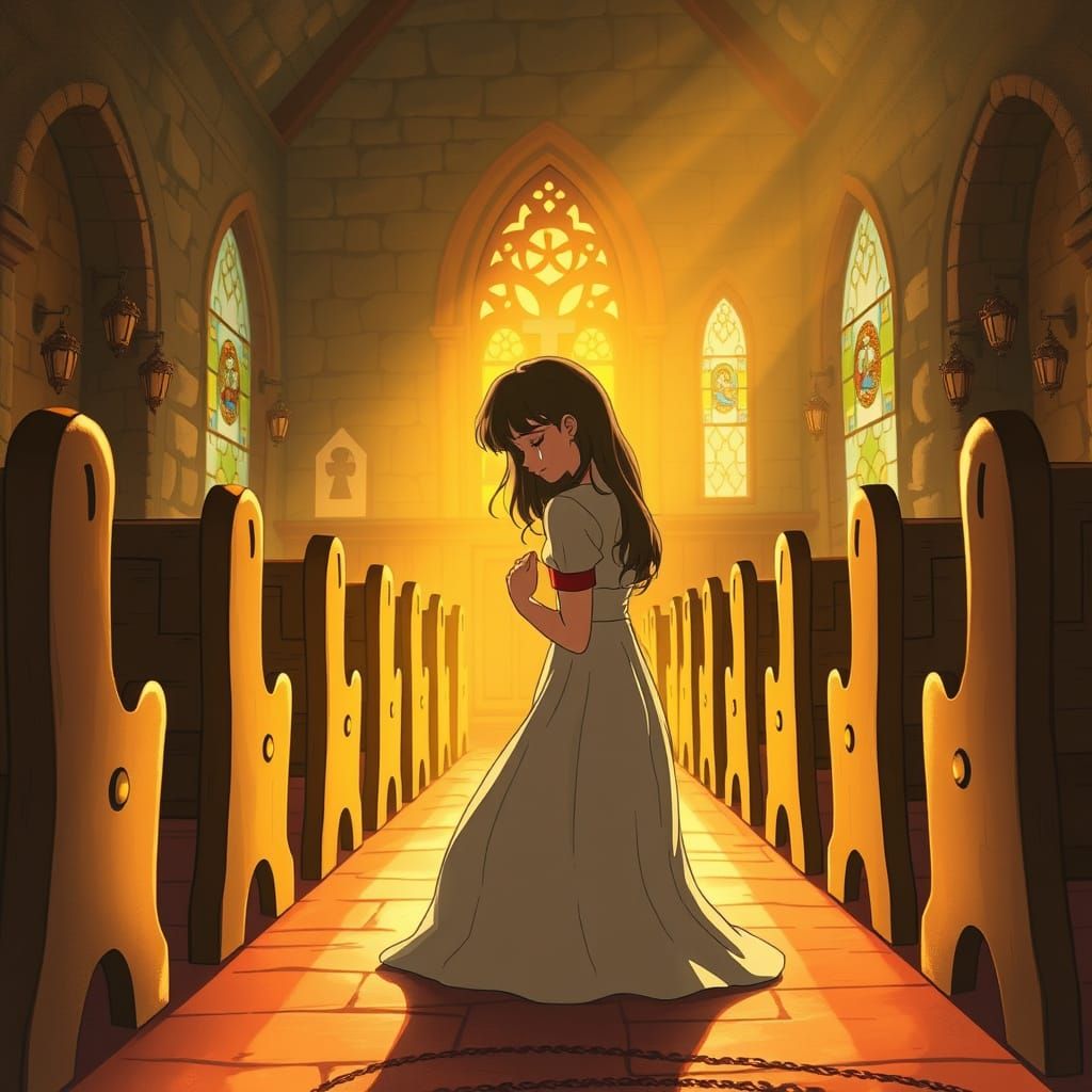 Woman Praying in Sunlit Chapel, Whimsical Style