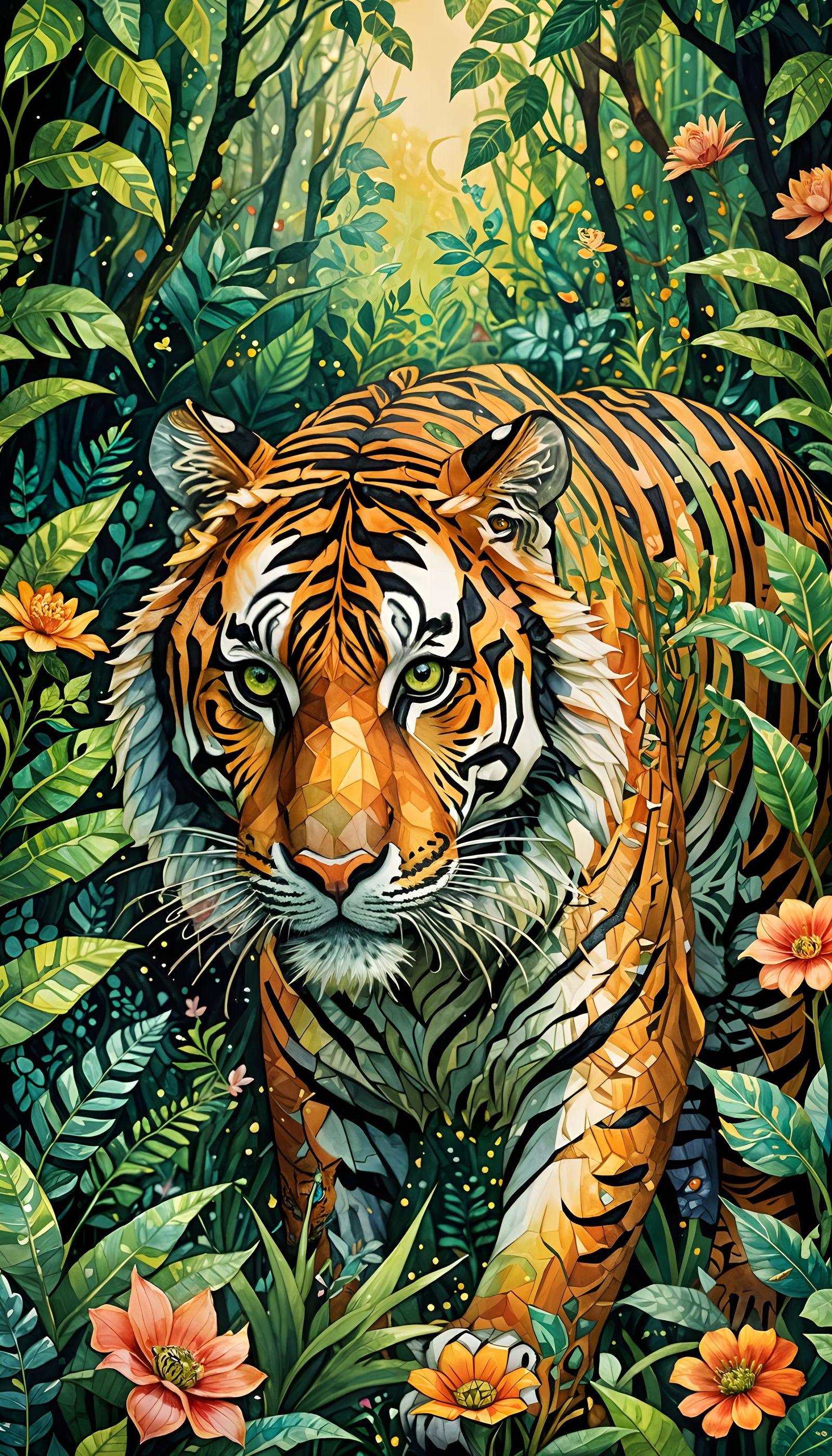 Cubistic Watercolor Tiger in Fantasy Jungle