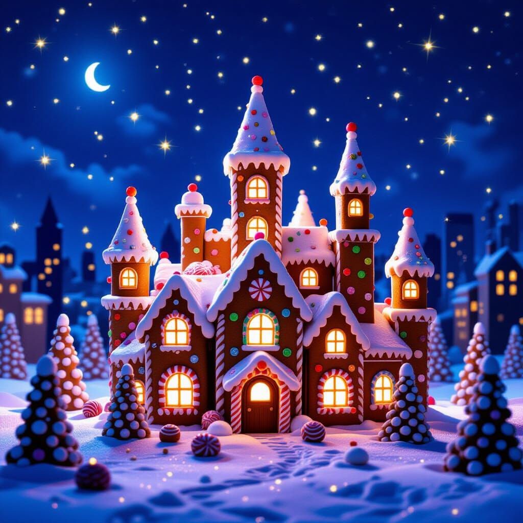 Gingerbread City Glows at Midnight