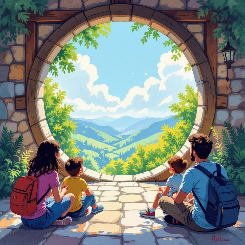 Happy People Approaching a Time Portal: Gouache Painting