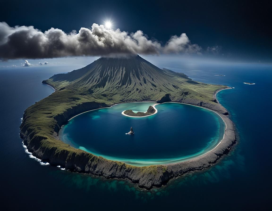 Pacific Moon Island with Volcano: Dark Fantasy Art