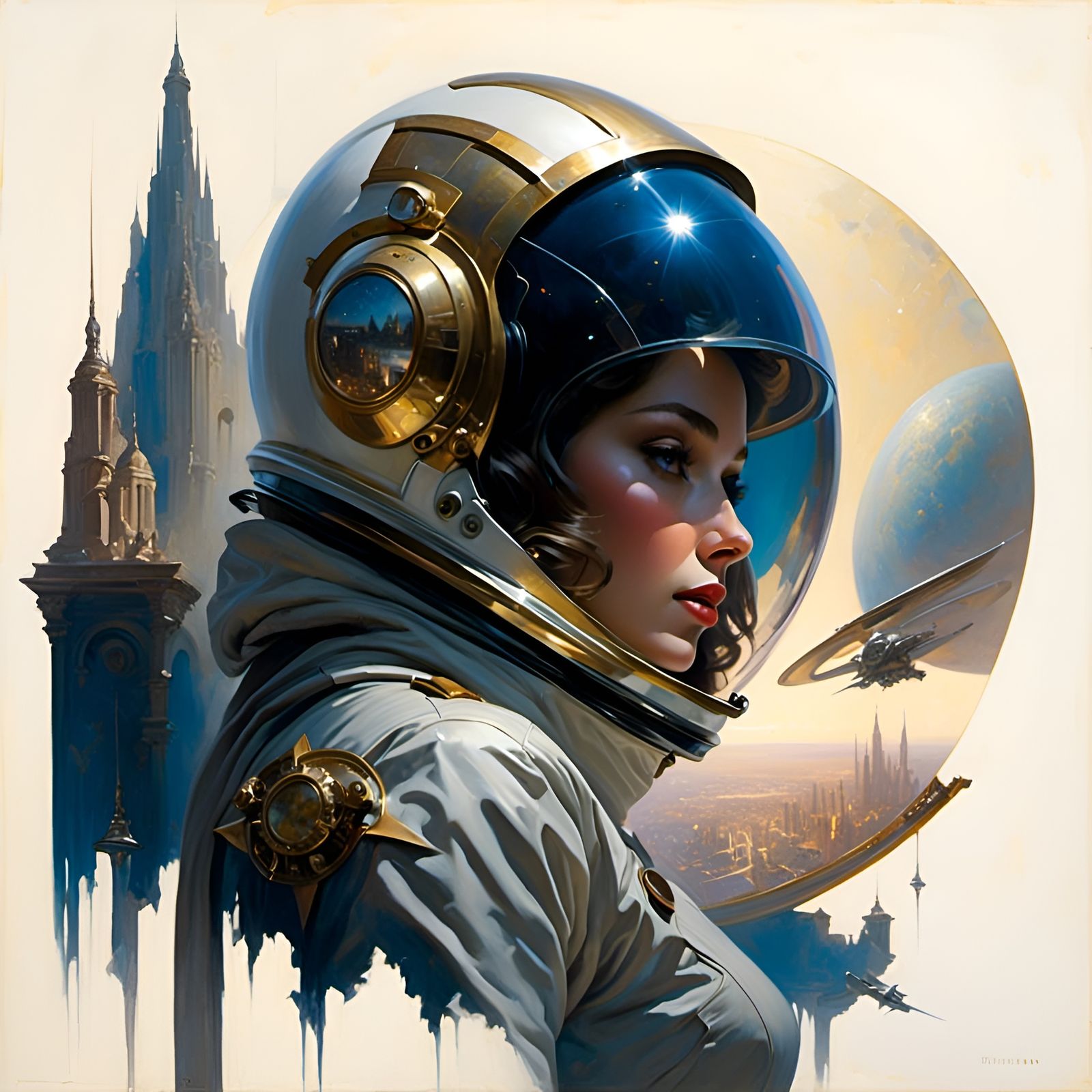 Cosmic Astronaut Helmet Reflecting Futuristic City