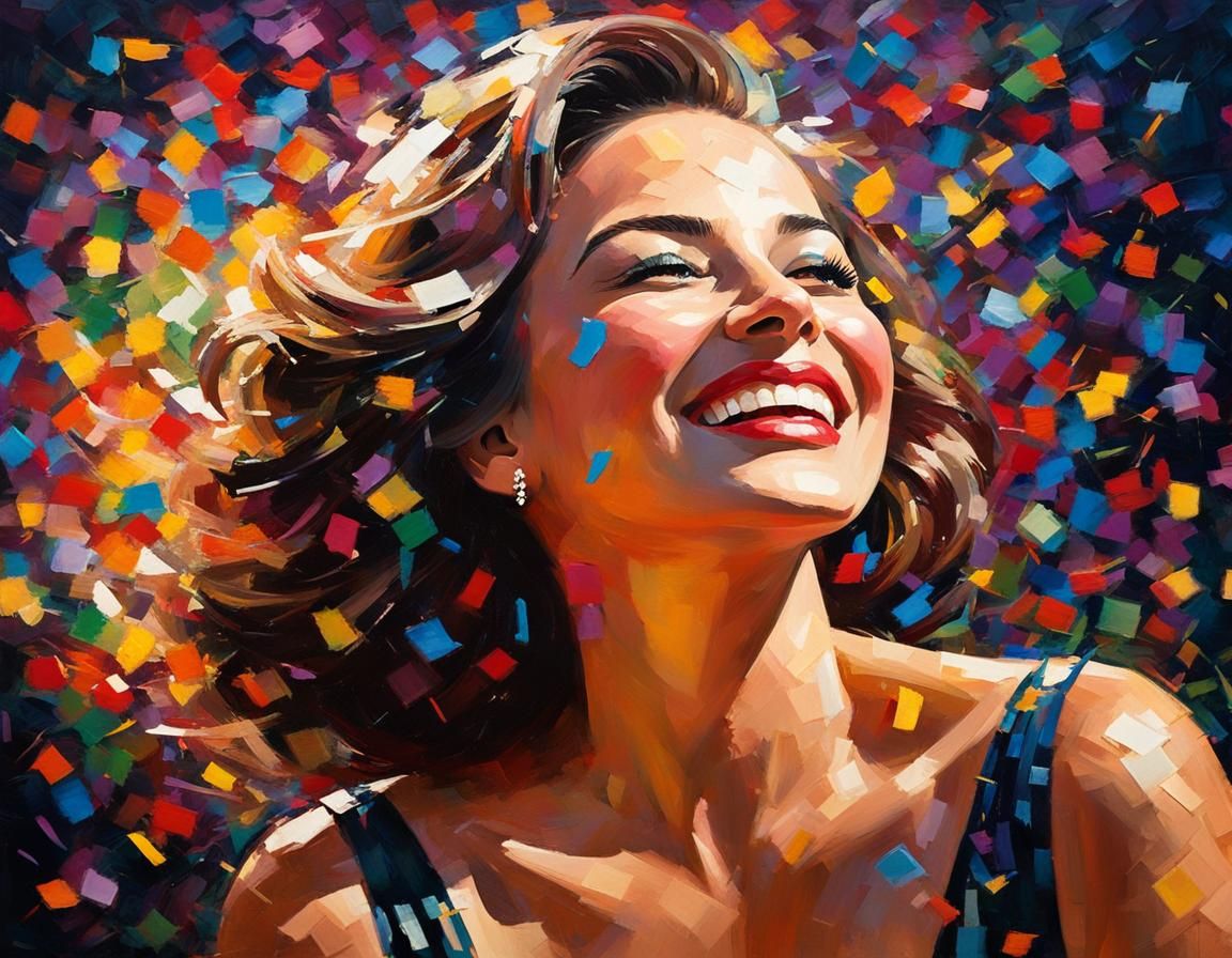 Smiling Woman in Confetti: Sfumato Impasto Portrait