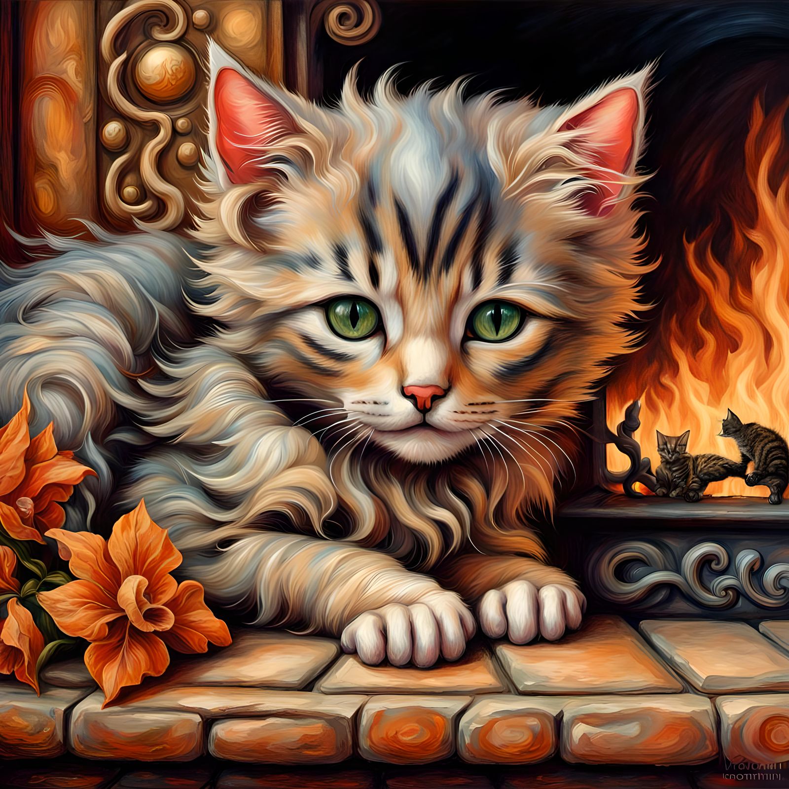 Kitten Snuggles by Fireplace in Neo-Impressionist Style