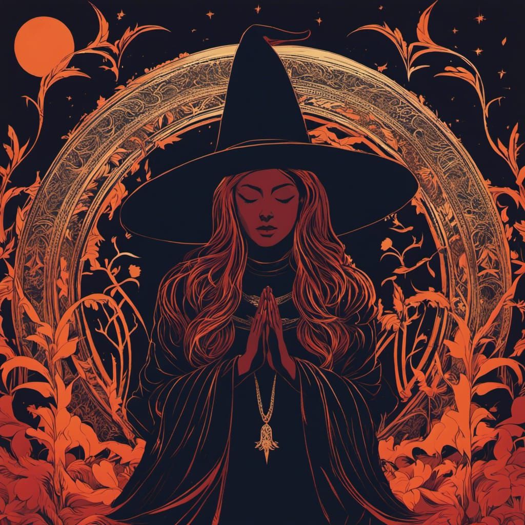 Minimalist Witch Praying: Studio Photo with Vibrant Colors