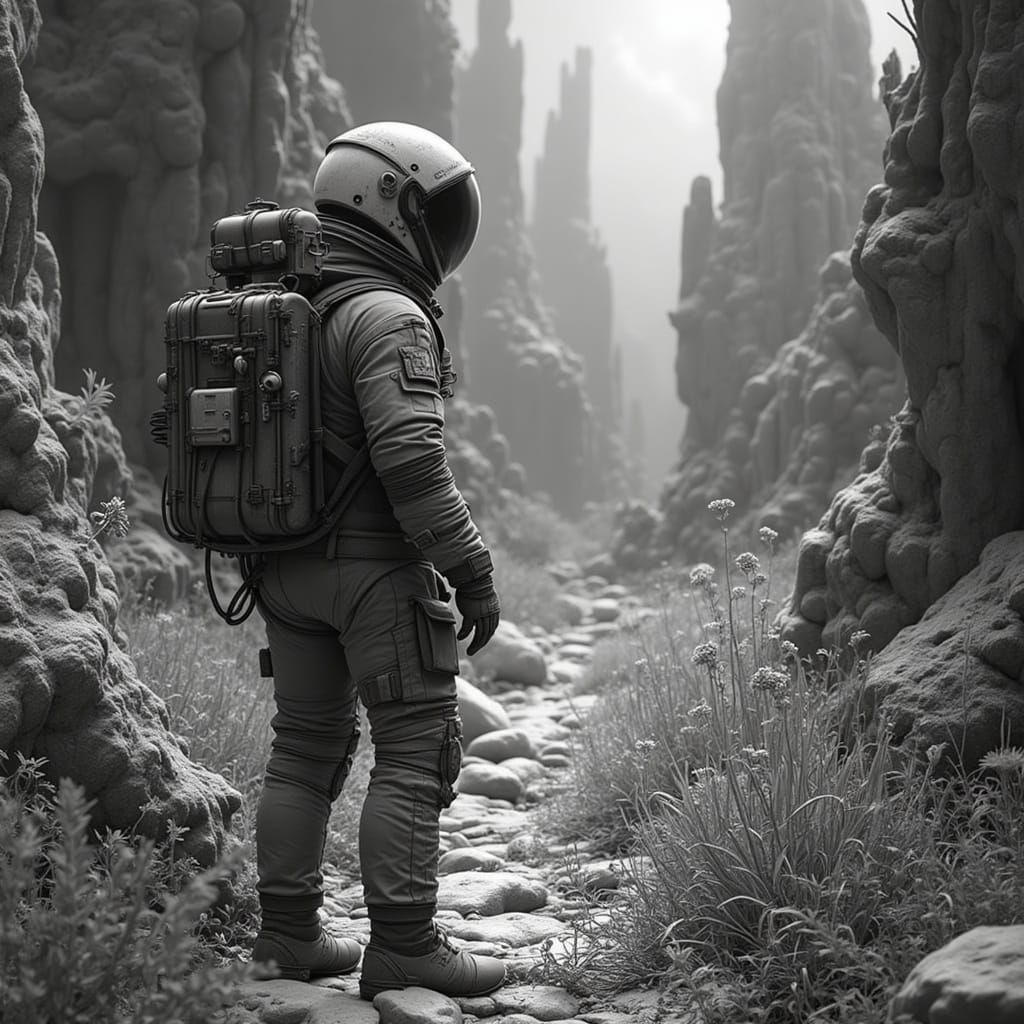 Astronaut Explores Alien Ruins on Desert Planet