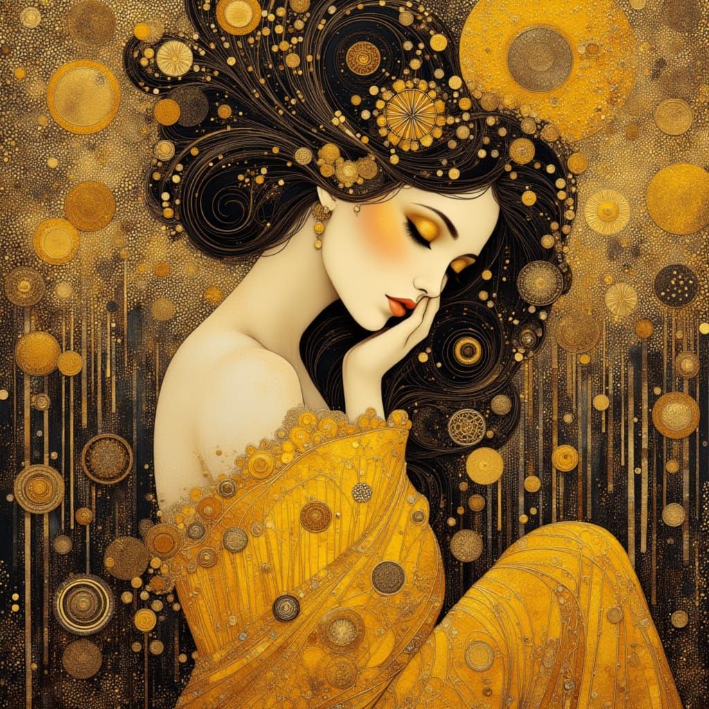 Nature Goddess in Gold and Black Klimt Style