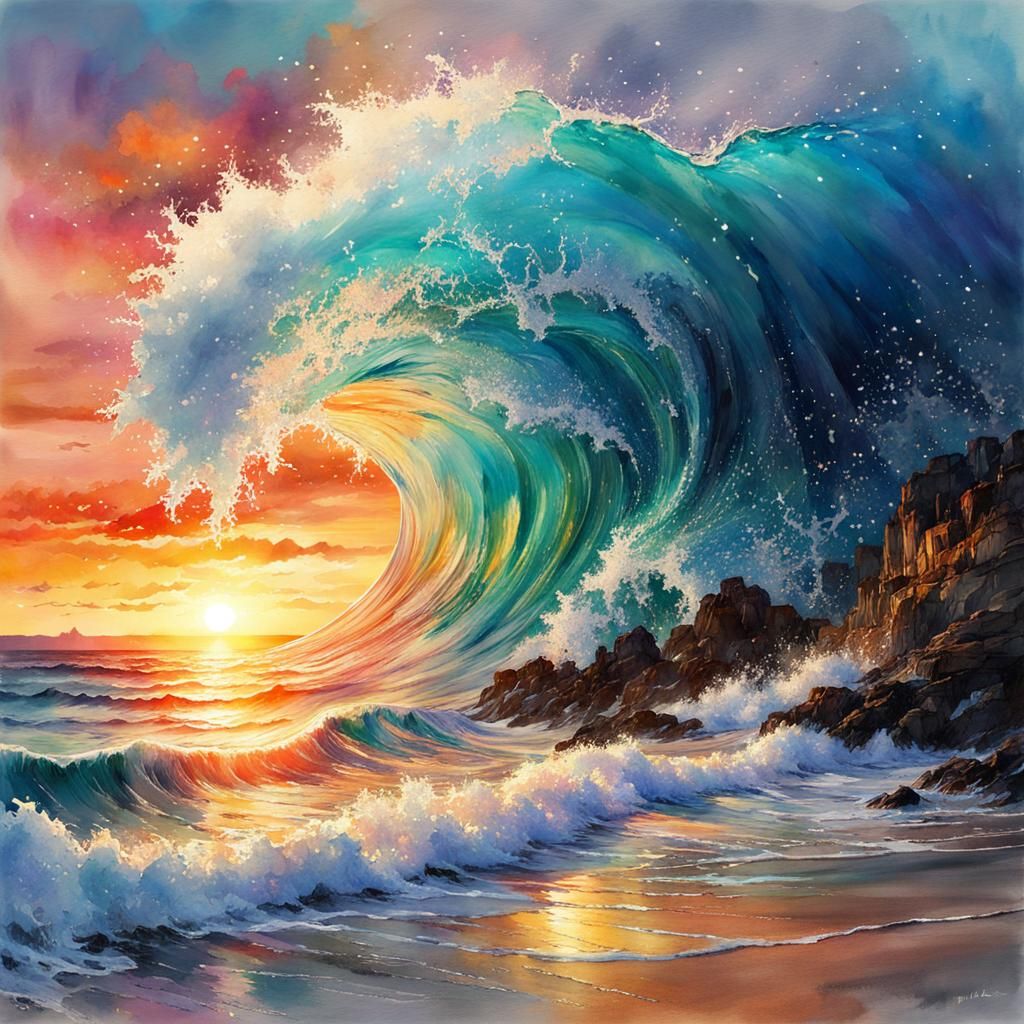 Beach Sunset with Huge Wave: Digital Watercolor Art