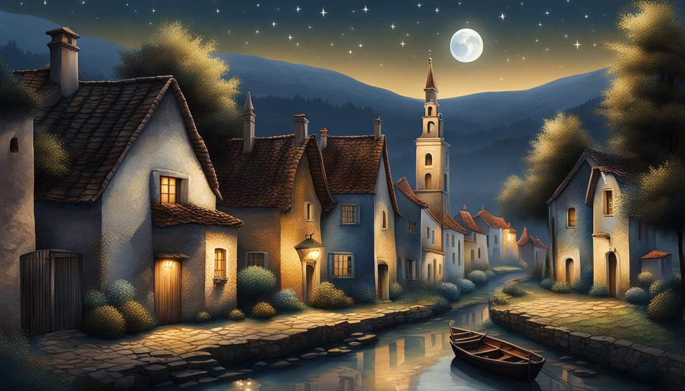 Tranquil Village Under Starry Night Sky