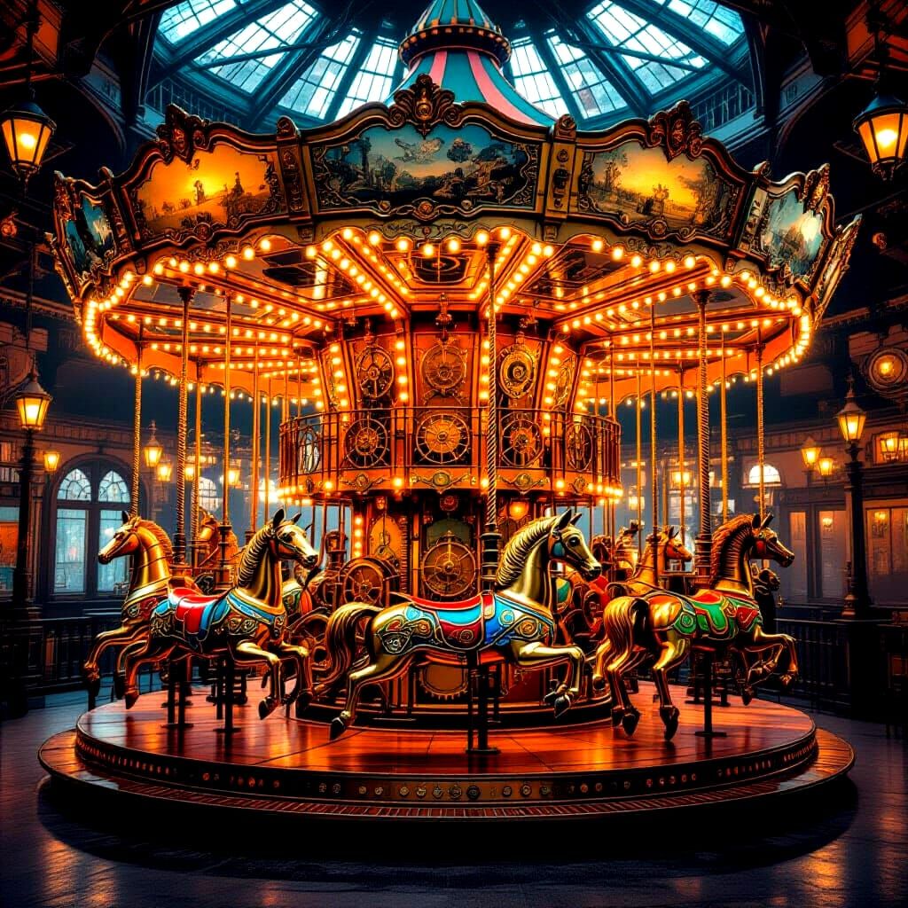 Steampunk Carousel With Clockwork Animals