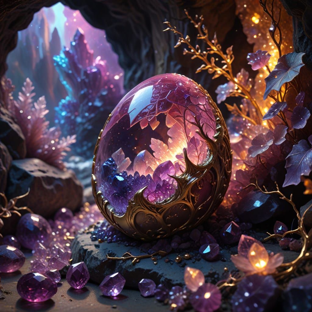 Glowing Ruby Dragon Egg in Crystal Grotto