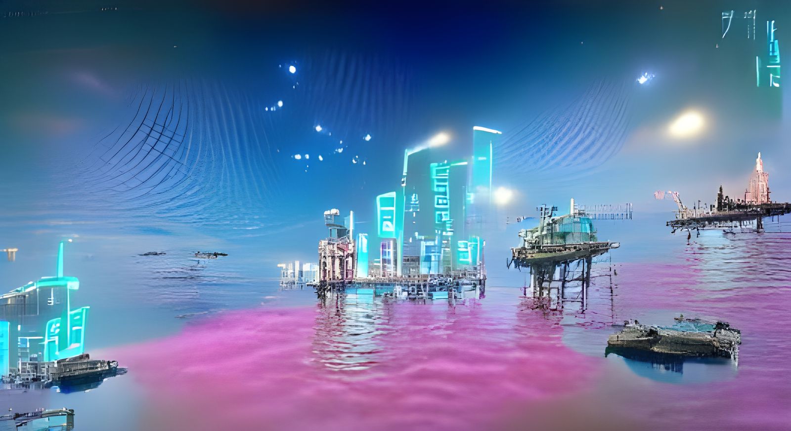 Neon Cyberpunk Seaside Town at Night