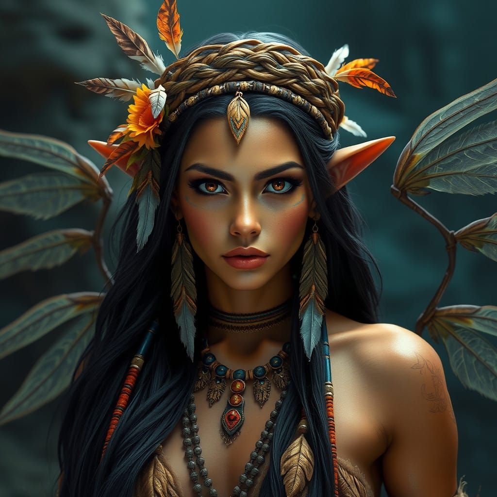 Regal Woodland Fae Maiden in Vibrant, Earthy Armor