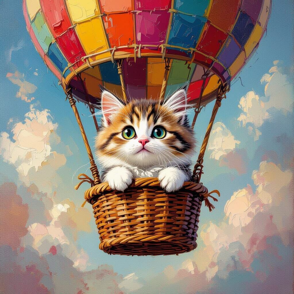 Fluffy Cat Peeks From Hot Air Balloon Basket in Impressionis...