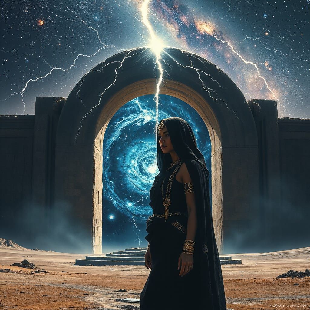 Babylonian Priestess at Cosmic Archway in Dark Fantasy Style