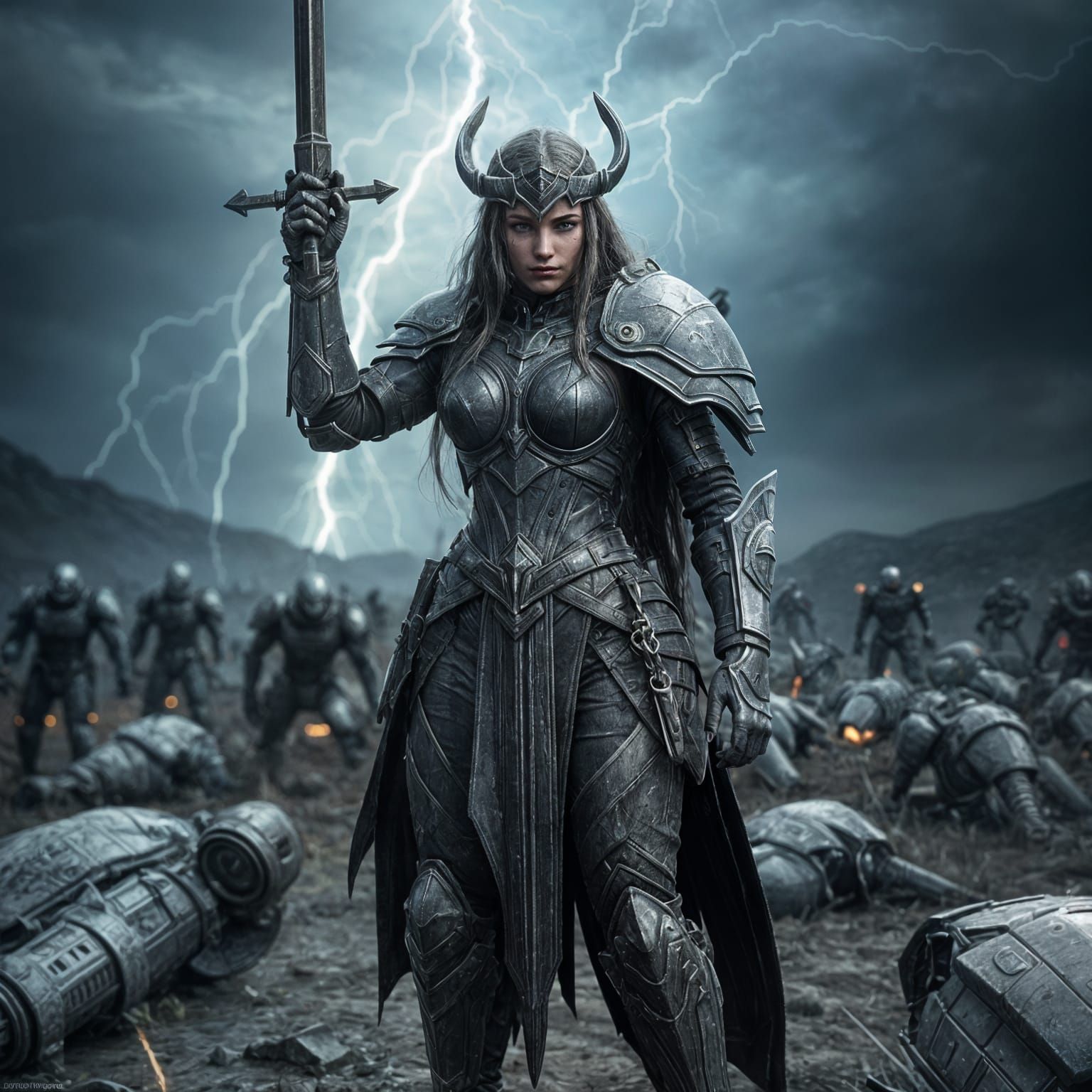 Valkyrie's Victory Over Robots in Hyperrealistic 3D Style