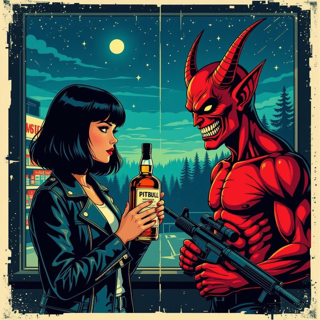 Girl Holds Whiskey Bottle, Demon with Uzi Watches, Pop Art S...