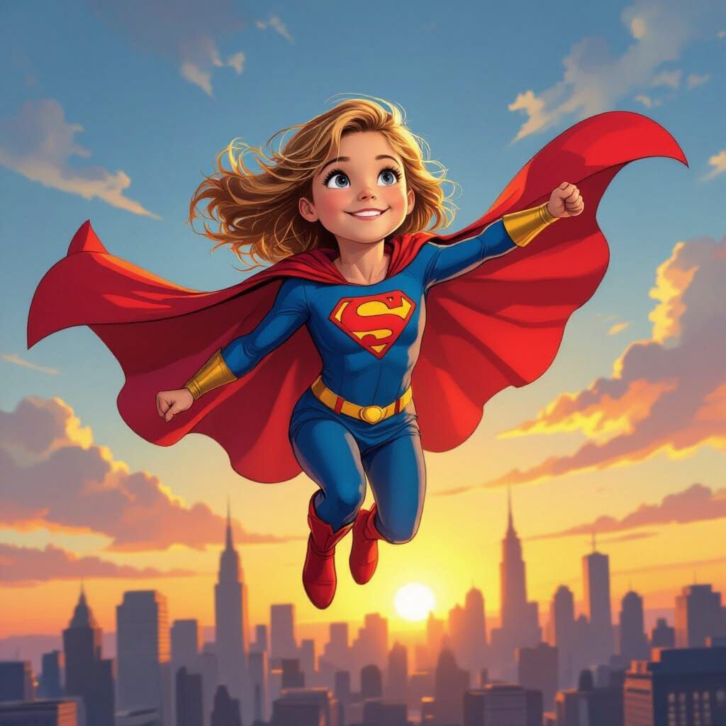 Joyful Nine-Year-Old Supergirl in Flight at Sunset