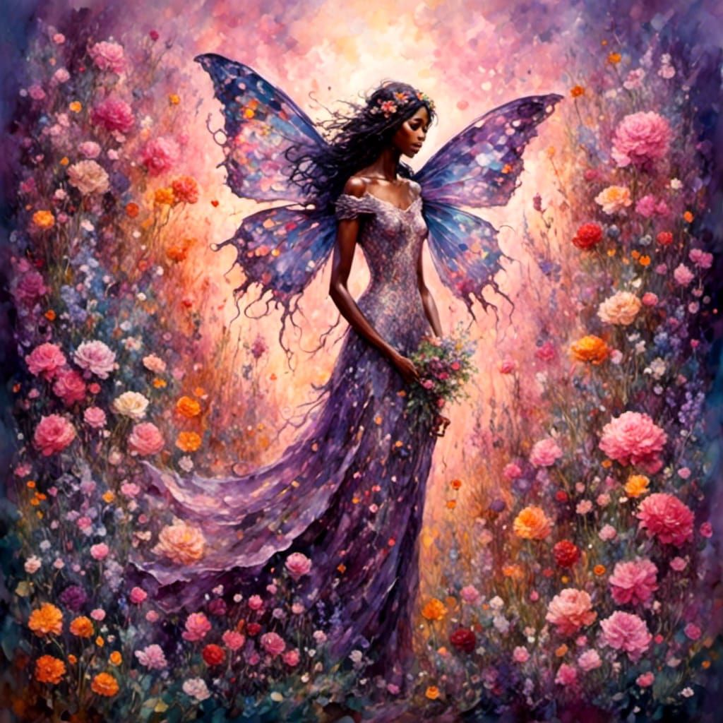 Fairy in Blooming Garden at Sunrise: Impressionistic Waterco...