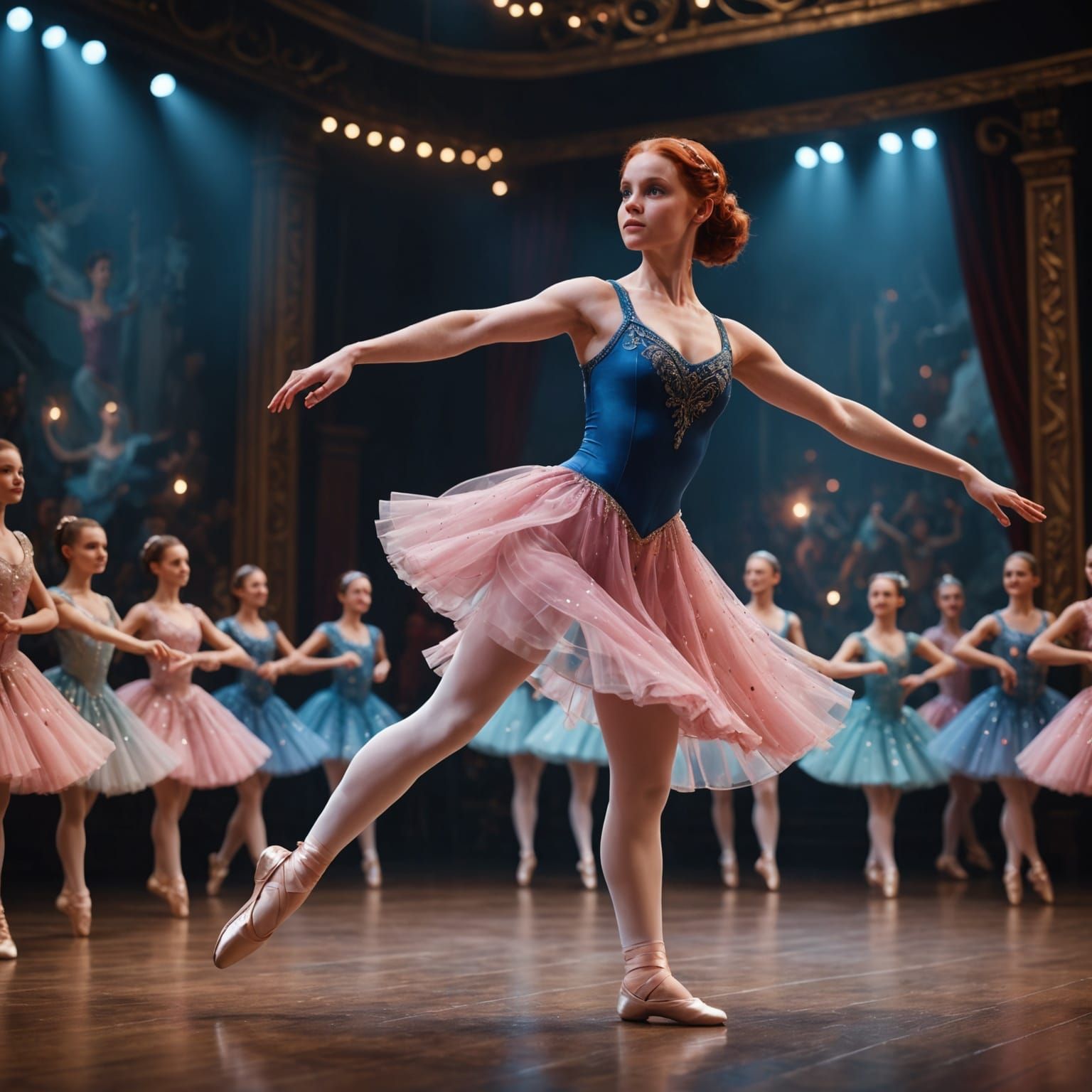 Redhead Ballerina's Stage Dance: Detailed Digital Painting