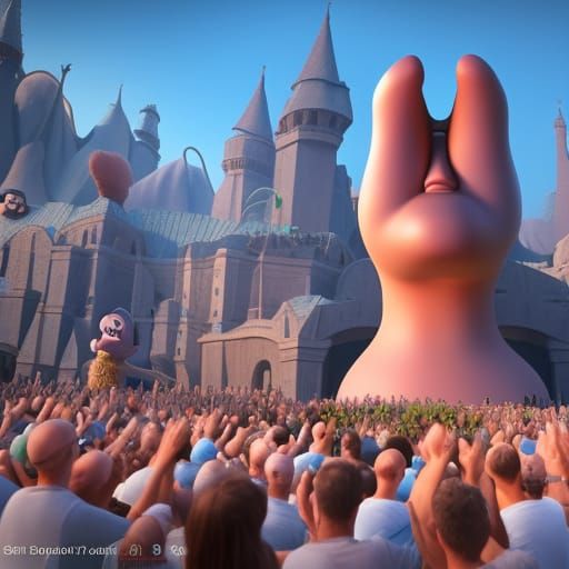 Ugly People Praying to Giant Nose Statue: 3D Art