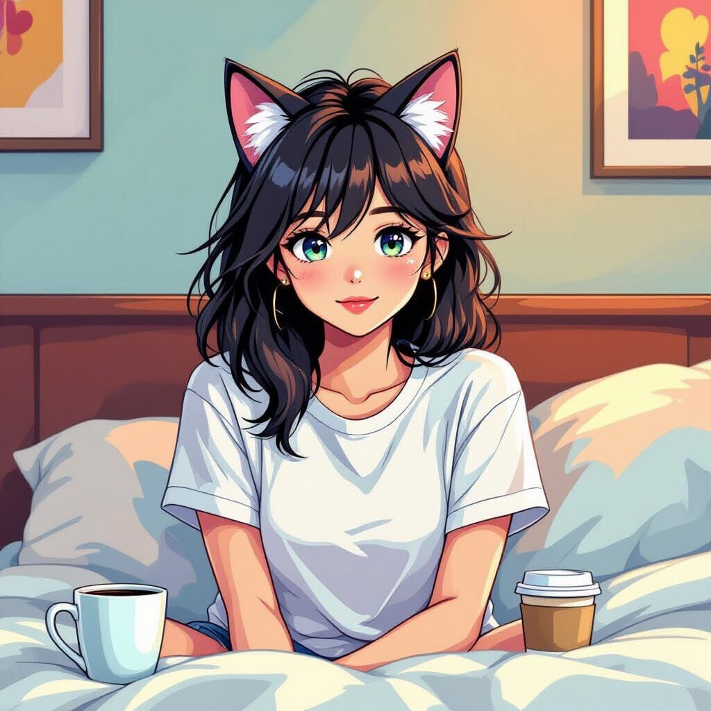 Pop Art Anime Girl with Cat Ears and Coffee