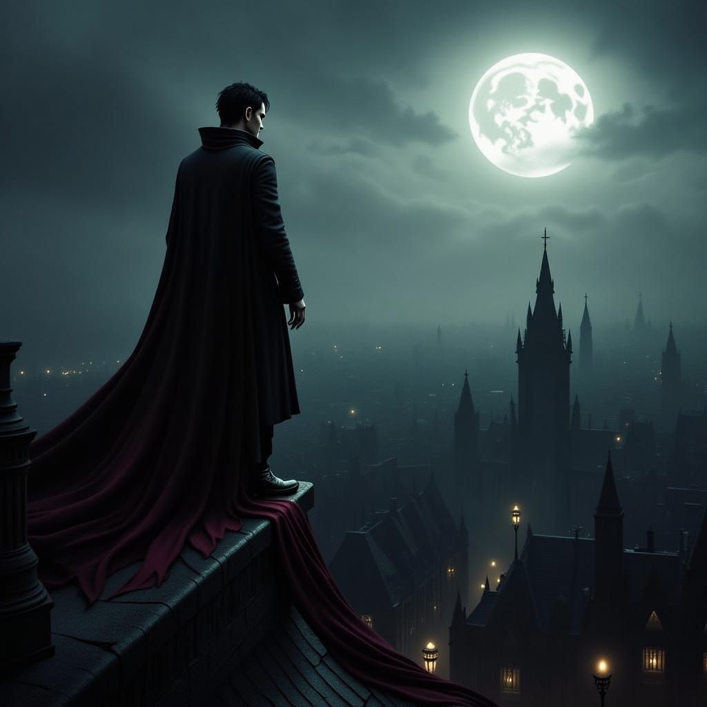 Melancholic Vampire Contemplating Cityscape at Twilight