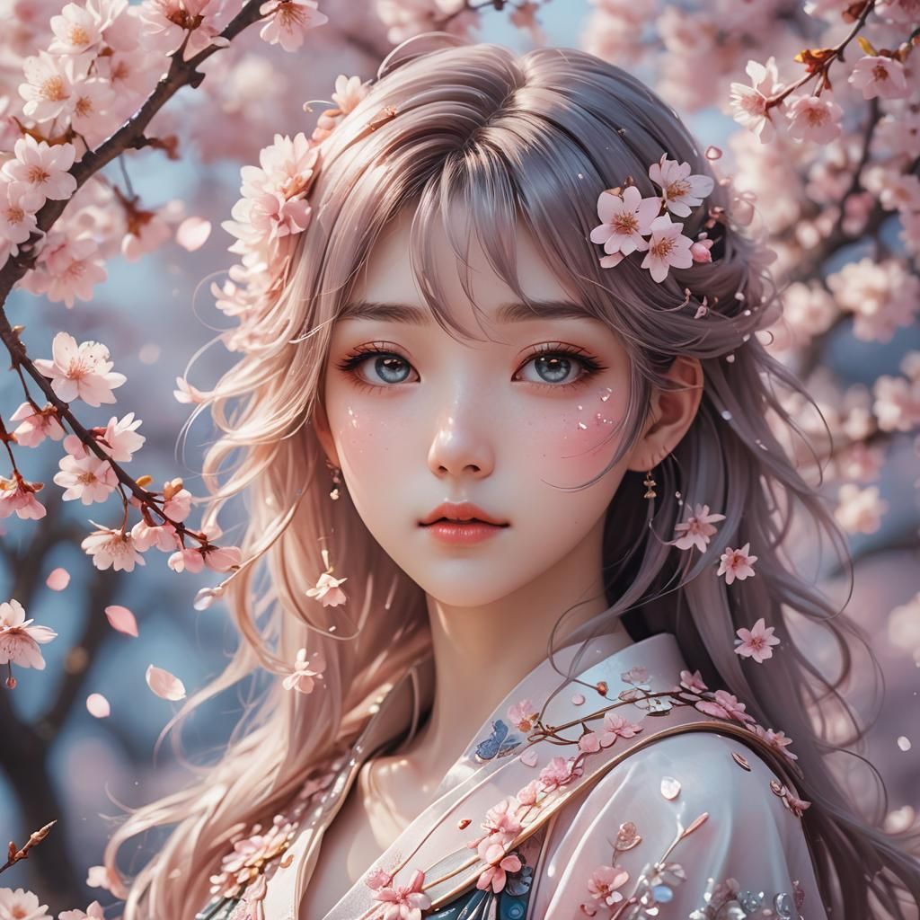 Ethereal Cherry Blossom Goddess in Anime Style