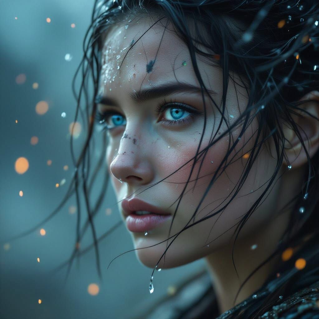 Warrior Woman Portrait in Stormy, Ethereal Atmosphere