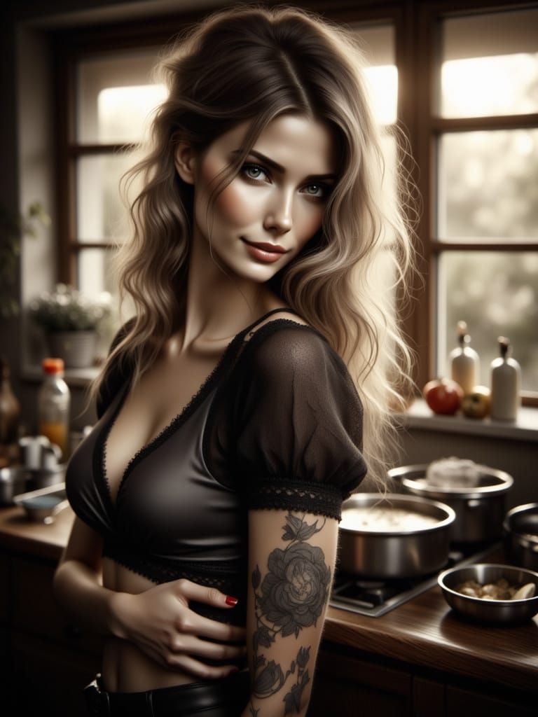 Sultry Blonde Chef in a Vibrant Kitchen