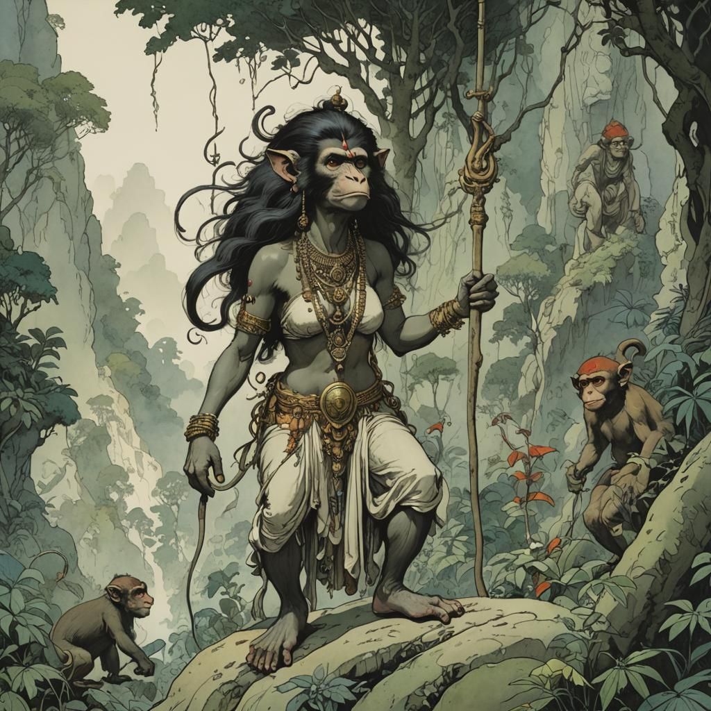 Monkey Queen with Staff: Detailed Illustration