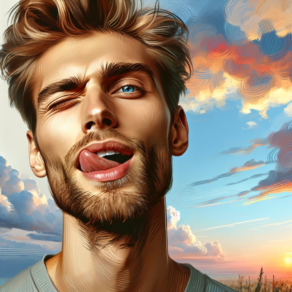 Handsome man, winks with one eye and liks his lips