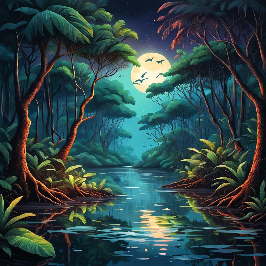 Tropical Mangrove Forest at Night: Splash Art