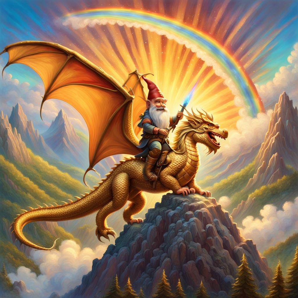 Ethereal Fantasy Scene with Golden Dragon and Gnome