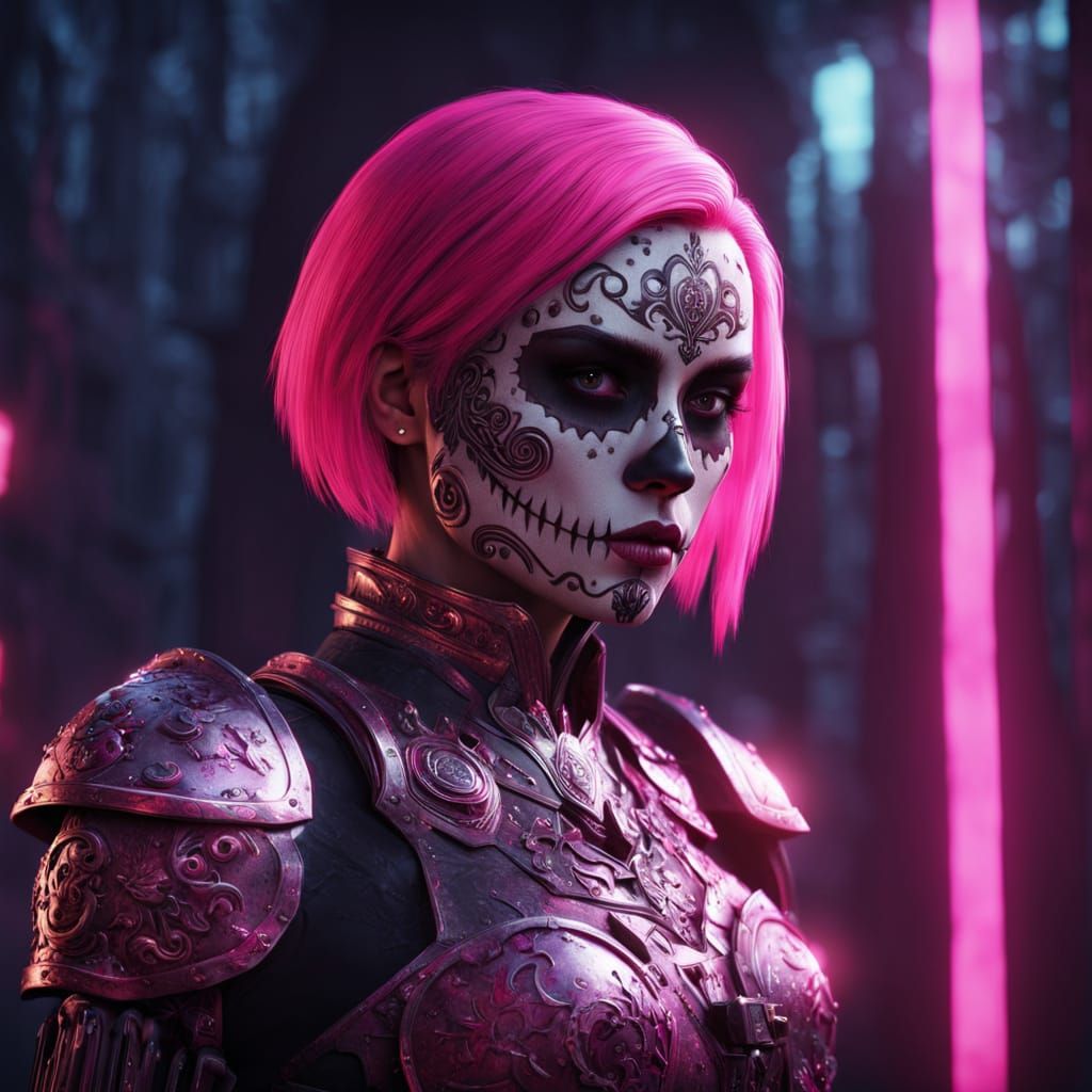 Cybernetic Character with Pink Hair and Sugar Skull Makeup