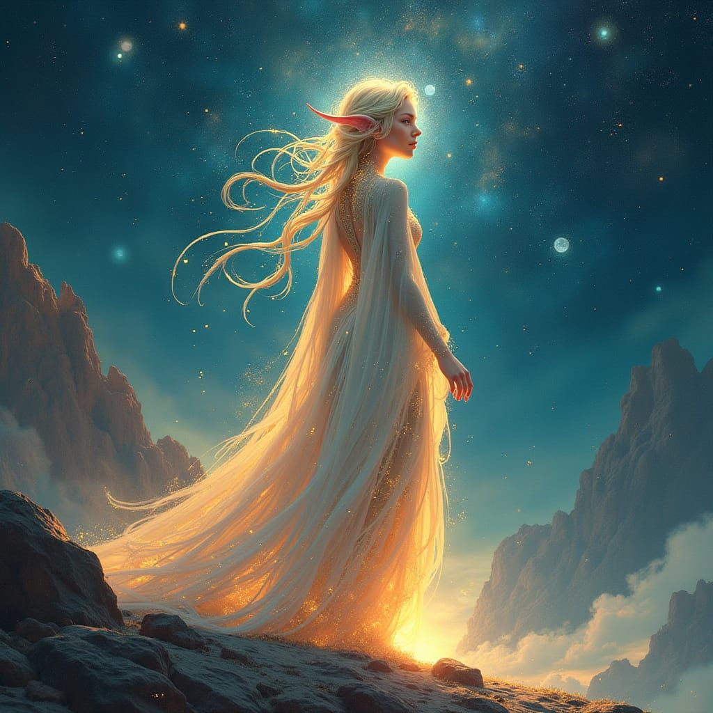 Celestial Elf in Whimsical Cosmic Robes, Standing on a Radia...