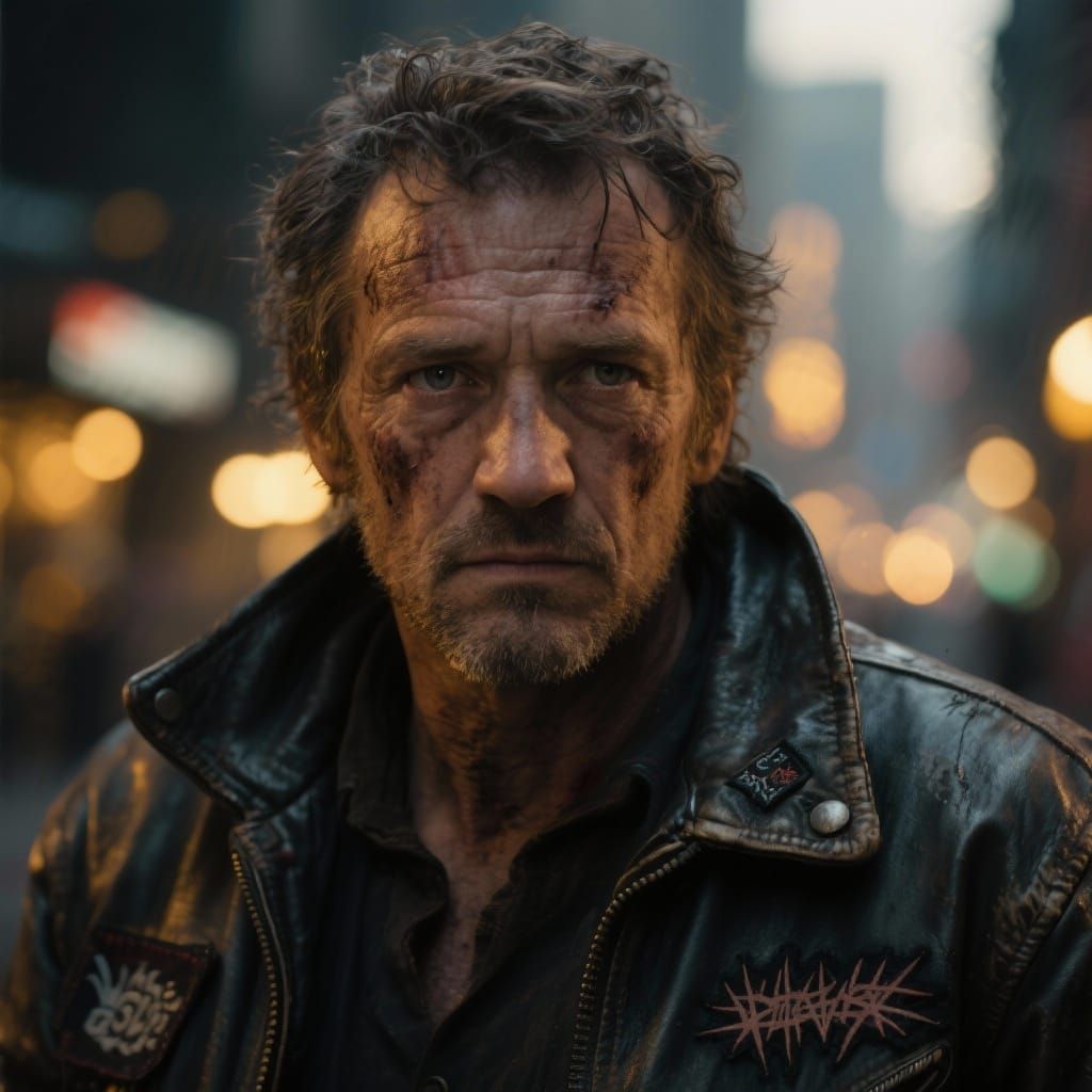 Weathered Man in Punk Jacket with City Lights